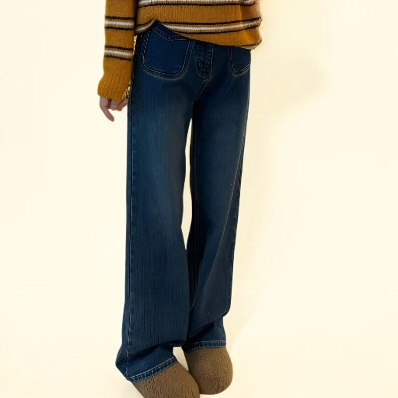 宿慕SUMU加绒阔腿牛仔裤2025新款高腰弹力复古牛仔裤长裤子32998