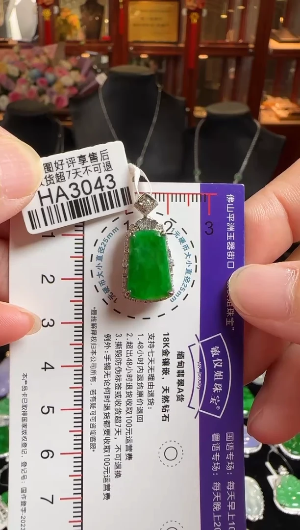 颈饰18K金镶嵌翡翠HA3043冰辣绿无事牌