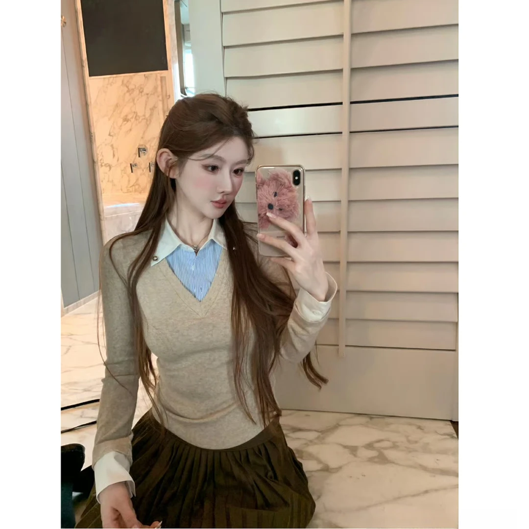 韩系百搭修身假两件拼接打底衫长袖针织上衣女2026新款显瘦半身裙
