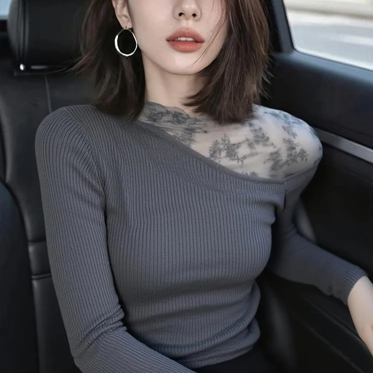 法式灰色蕾丝钩花长袖针织打底衫女秋冬毛衣内搭修身短款正肩上衣