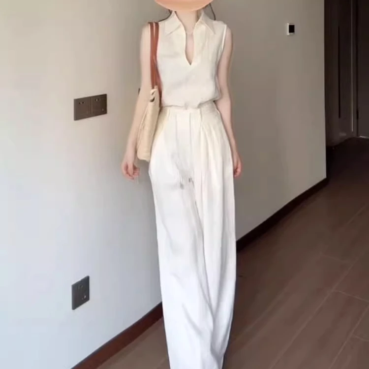 老钱风气质套装女夏季慵懒风休闲松弛感无袖背心阔腿裤白色两件套