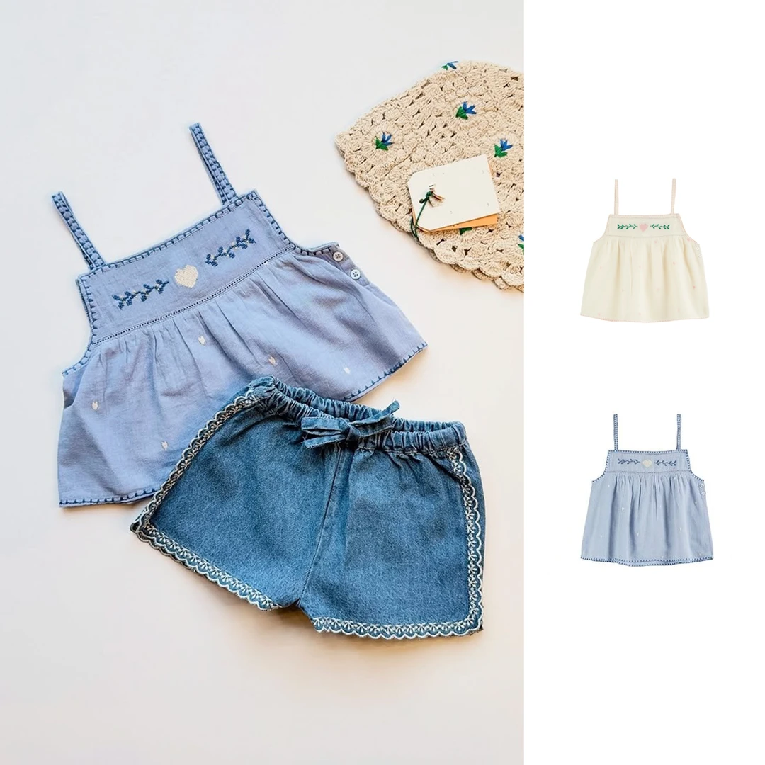 2025春夏北欧新款女童爱心刺绣吊带一字领裙上衣女宝洋气甜美童装