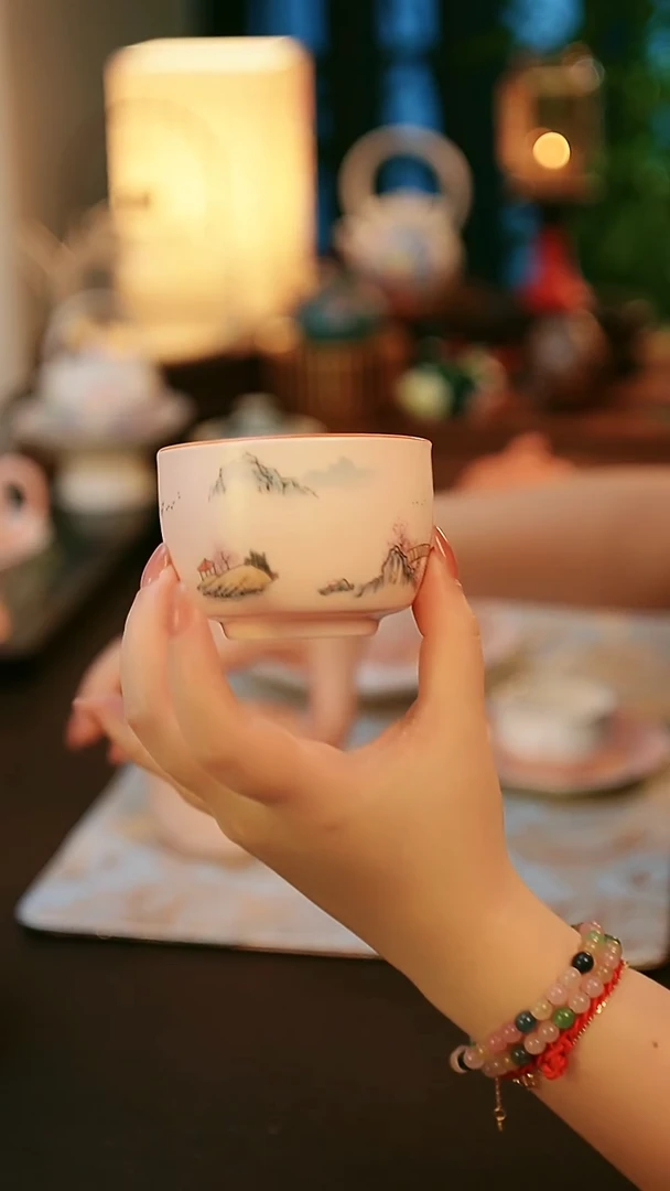 陶瓷茶具粉汝山水人家杯