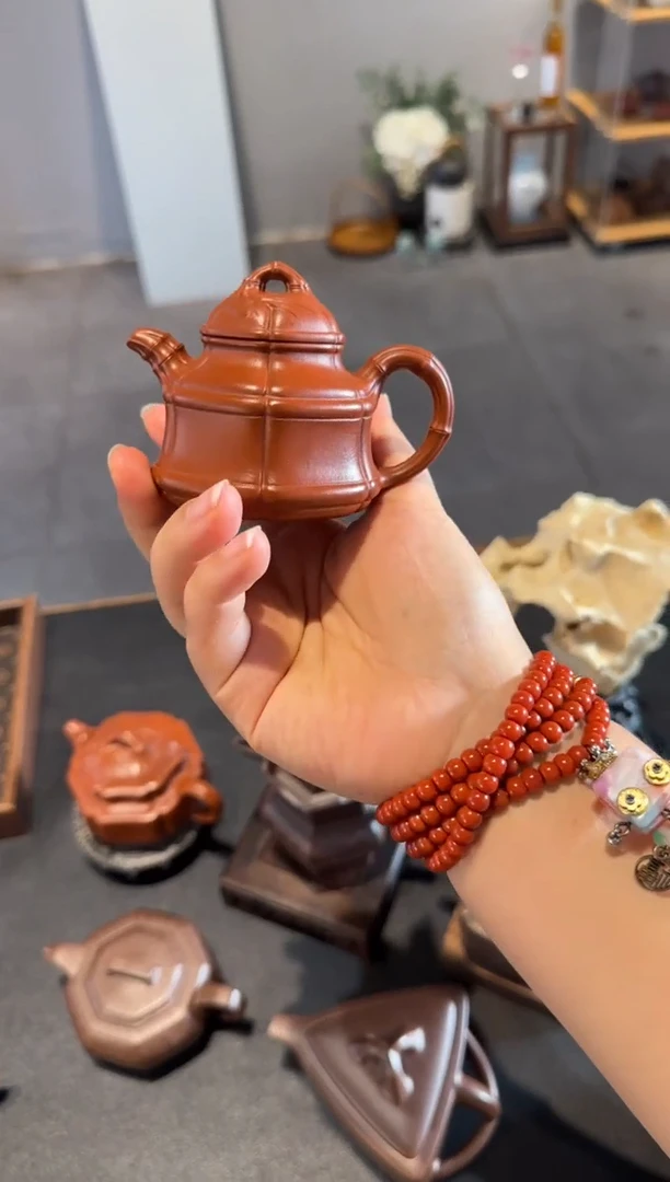 茶壶紫砂六**祥小竹鼎 90ml 朱泥