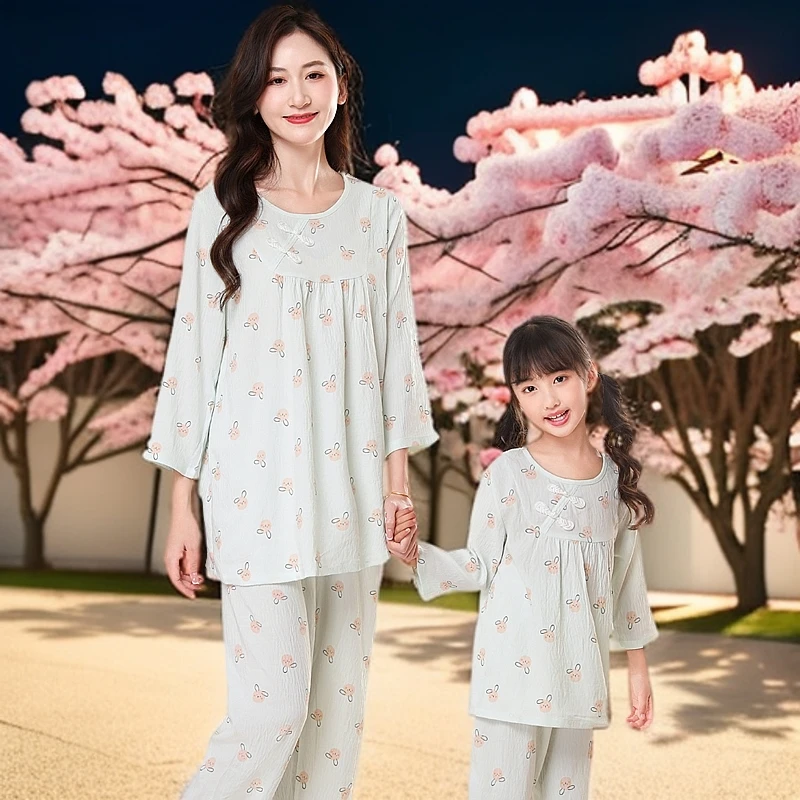 亲子装女家居服公主夏季薄款中国风家居服套装甜美母女春秋大童