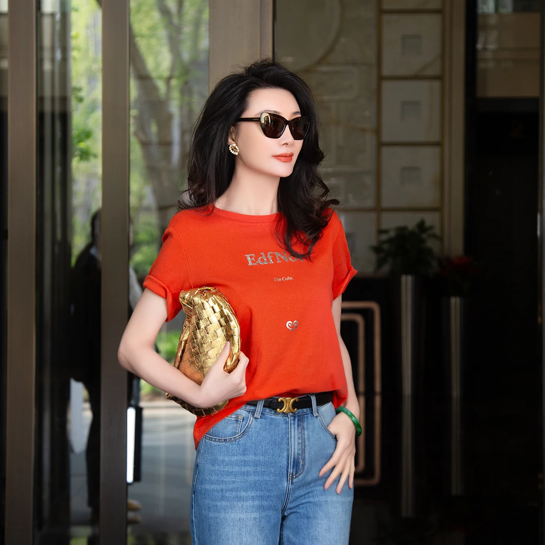 EDFNOT/杨红霞汝意LYM橘色烫金T恤/RY007