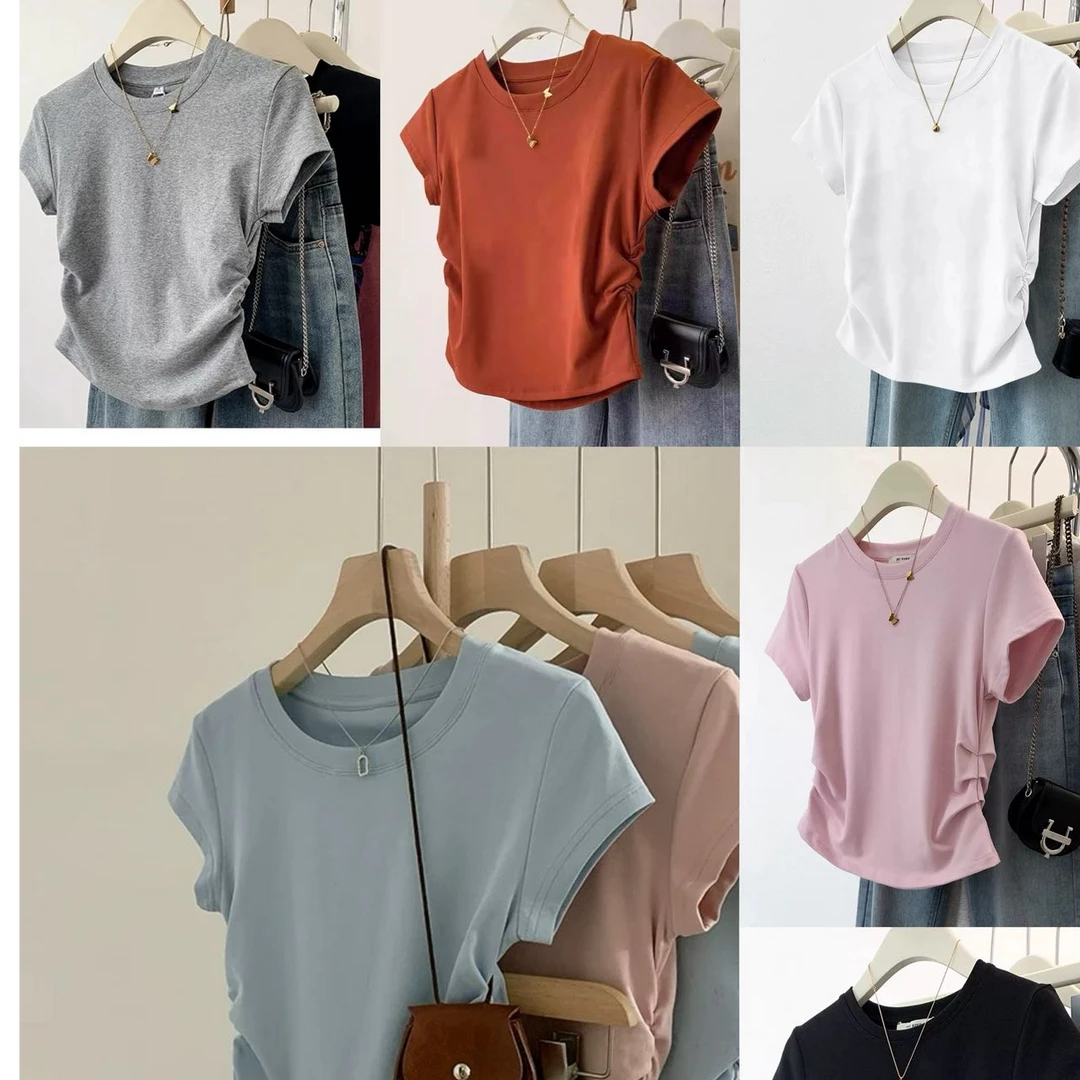 新疆包邮小蛮腰抽皱正肩T小众短袖夏季半袖短款百搭休闲圆领纯色