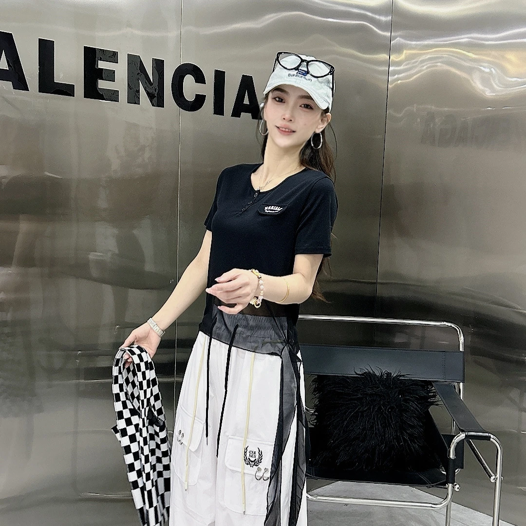 联盟9565半网纱朦胧飘带短袖