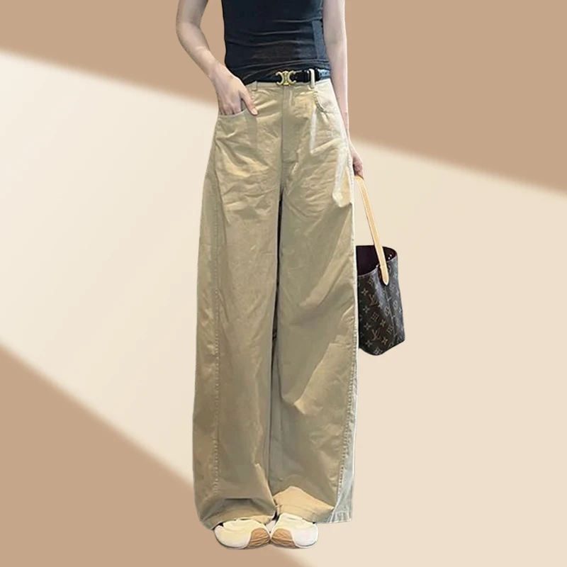 卡其色西装裤女夏季薄款大码高级感垂感裤子直筒宽松显瘦阔腿裤