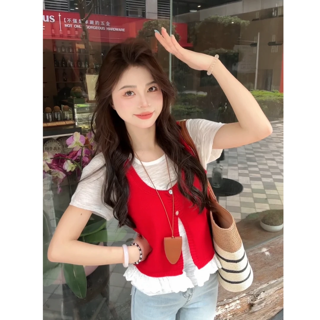 夏季新款洋气套装韩系叠穿针织马甲背心花边拼接短袖上衣#8895