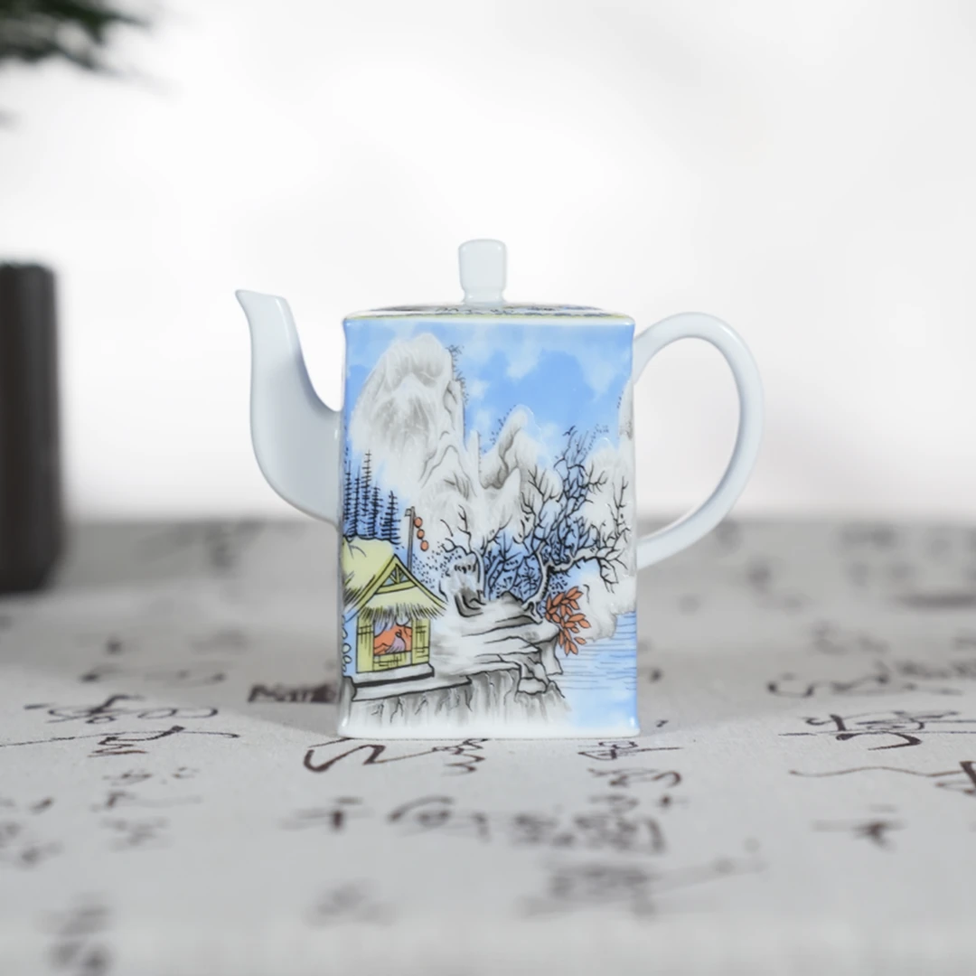 瑞雪兆丰年四方壶手工复古家用创意陶瓷带盖精美描金杯碟中式简约