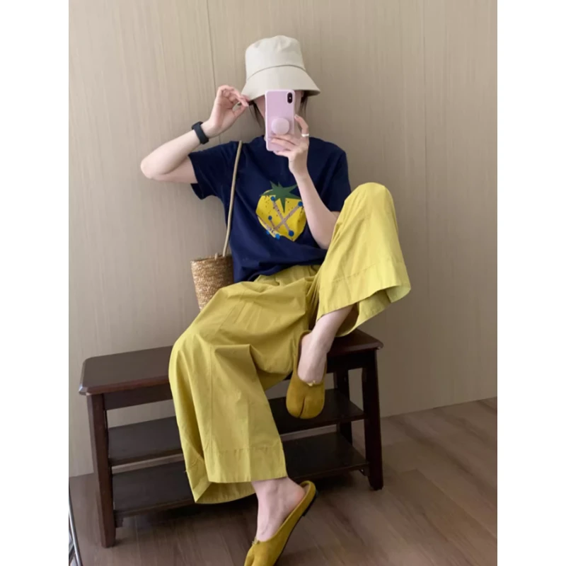 凉爽百搭简约宽松休闲印花棉短袖T恤女2025新款黄色百搭裤子套装