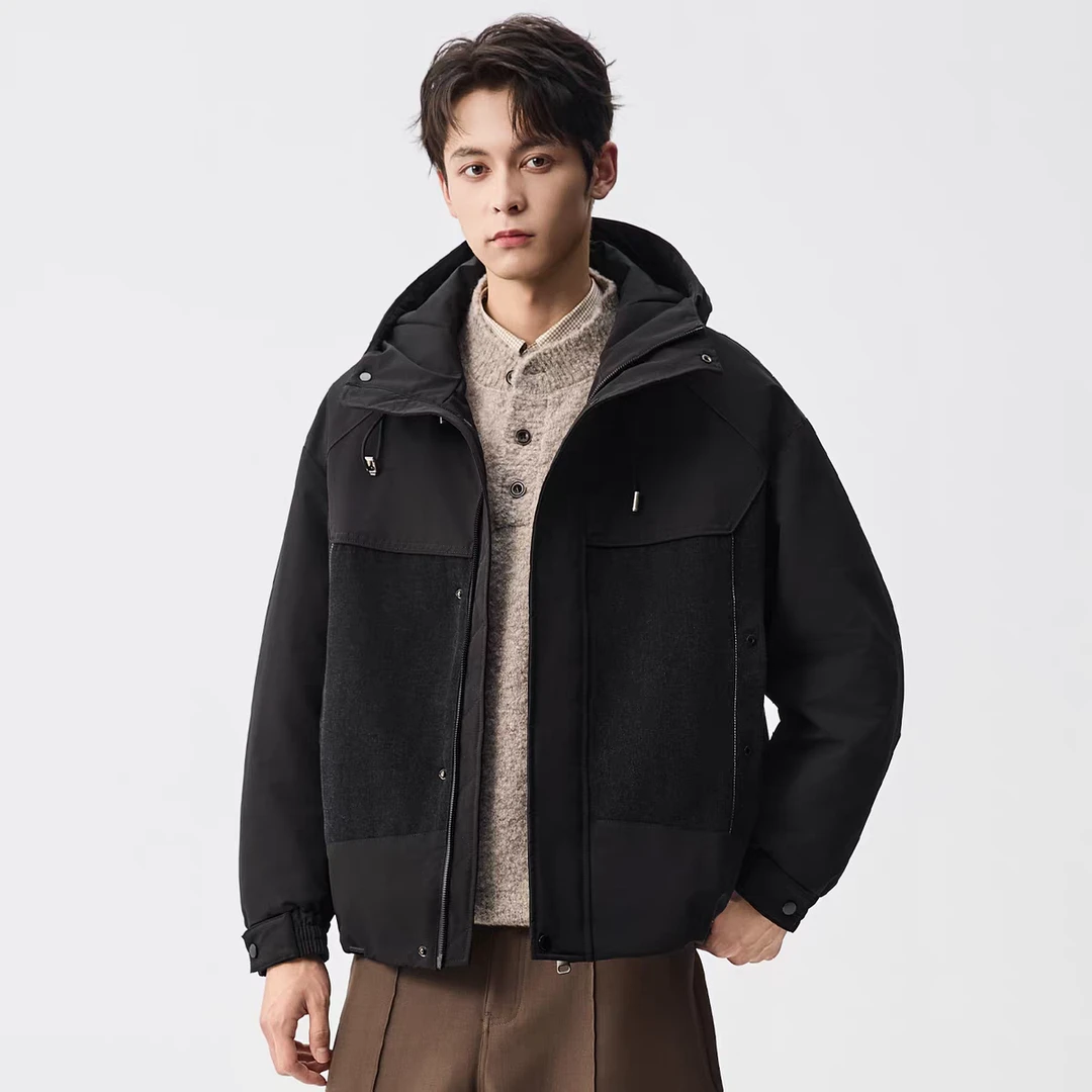 男拼接橡筋下摆连帽保暖棉服棉衣工装潮流秋冬W0129