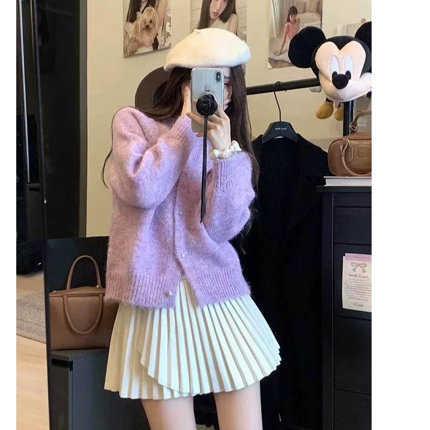 熏衣紫~软糯圆领毛衣外套女春秋新款外套单排扣针织开衫上衣