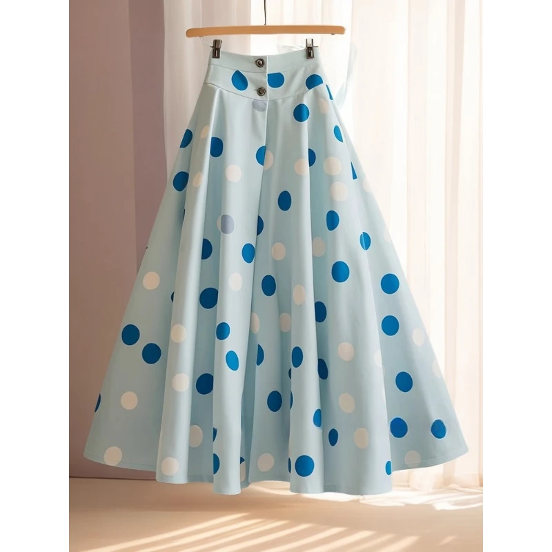 巨推荐，上身绝美！蓝色波点半身裙女a字裙高腰显瘦好看慵懒风裙子