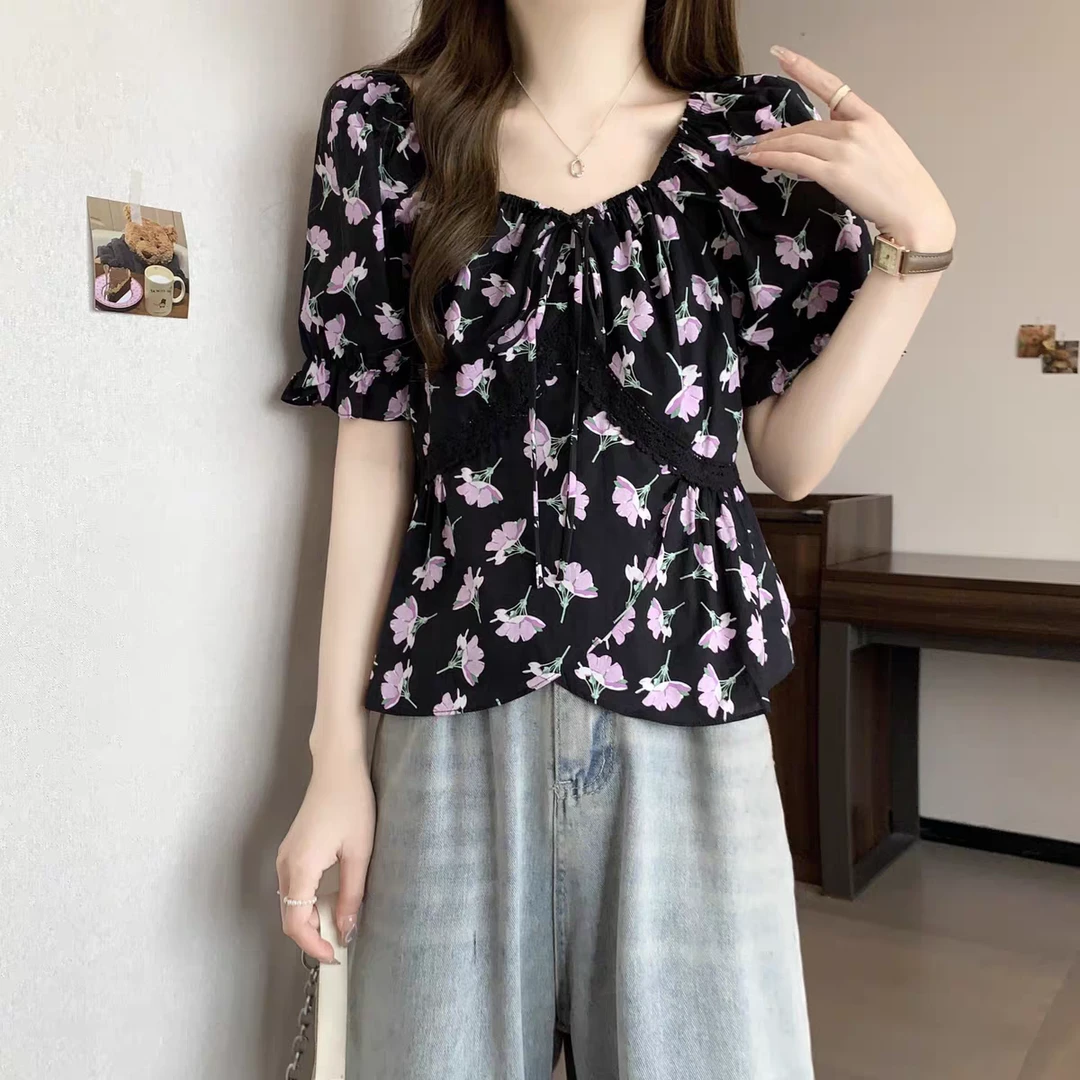 印花法式蕾丝碎花蕾丝衫雪纺衫衬衫甜美韩版设计感901