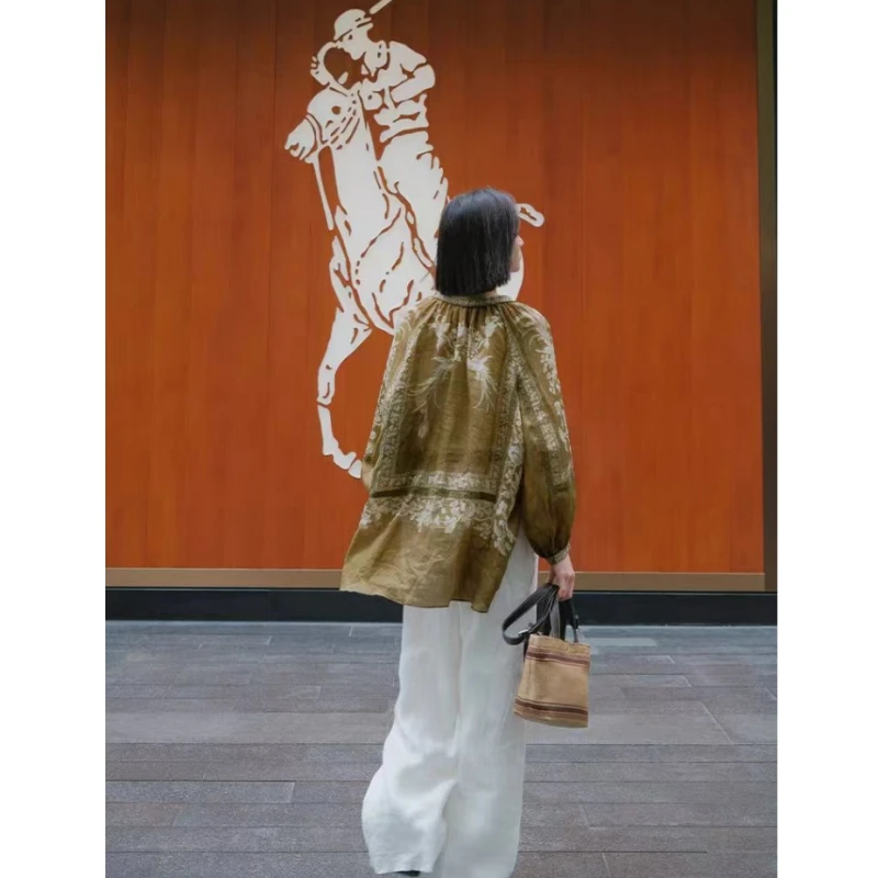 【可宝高端自营】中式V领长袖衬衫松弛感气质民族风印花上衣.Y9540