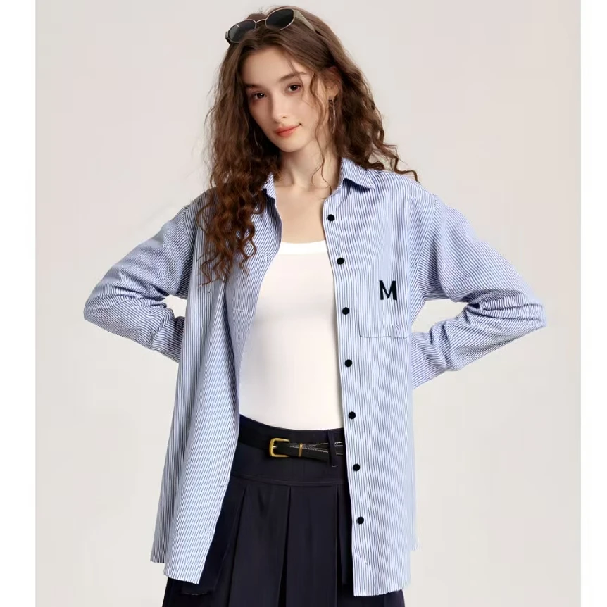 宝莎伦满钻蓝色条纹衬衫春款2025新款气质衬衫女高级感内搭打底衫