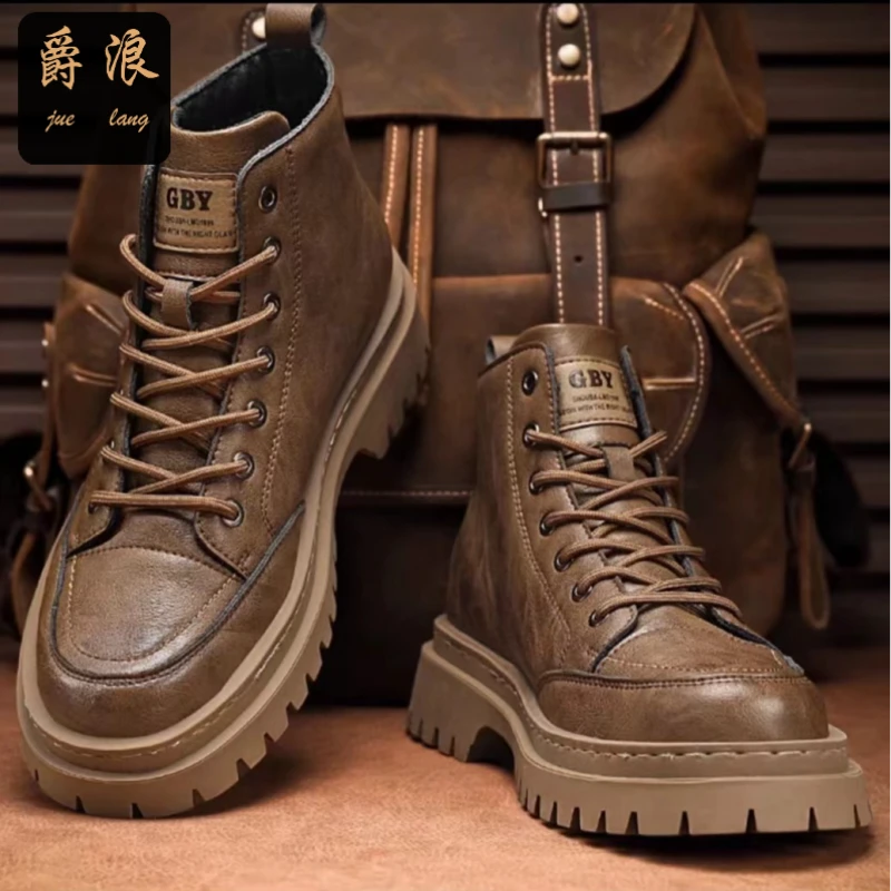 春季新款男鞋潮流休闲厚底机车男士英伦劳保工装鞋百搭中帮马丁靴