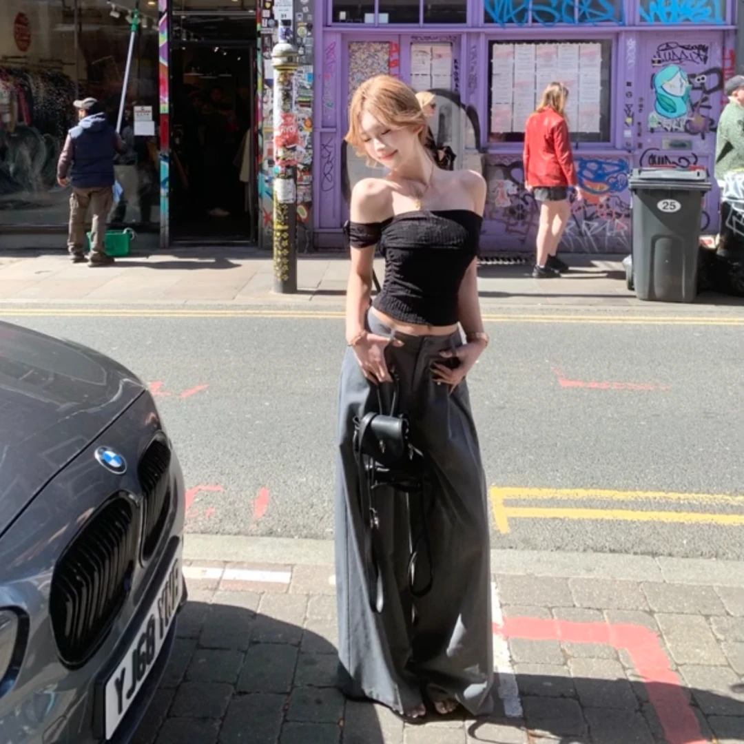 MARIE.COCO黑色一字肩露肩露锁骨短袖T恤女高级感韩版阔腿裤套装