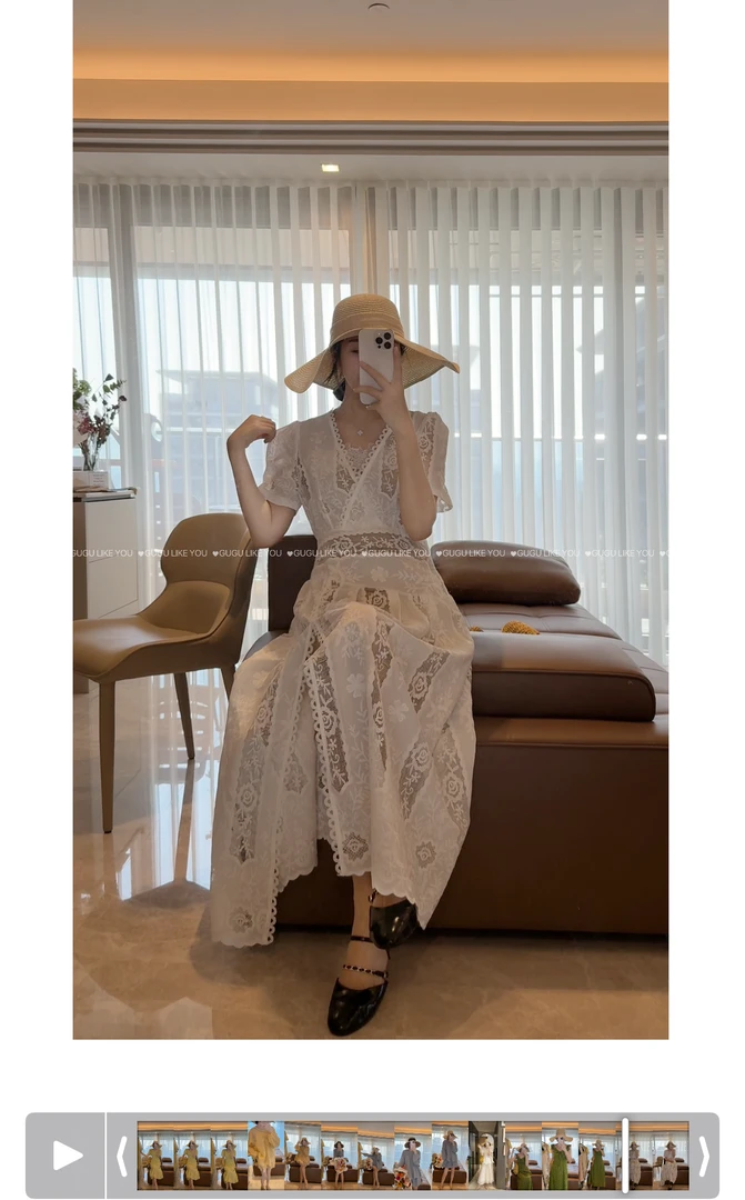【古古】精致高端系列超美蕾丝镂空两件套夏季法式小众连衣裙G25507