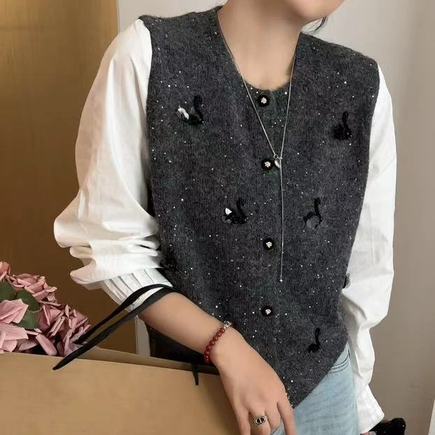 【欧遇女装】法式时尚休闲春款立体天鹅图案假两件衬衣袖针织衫