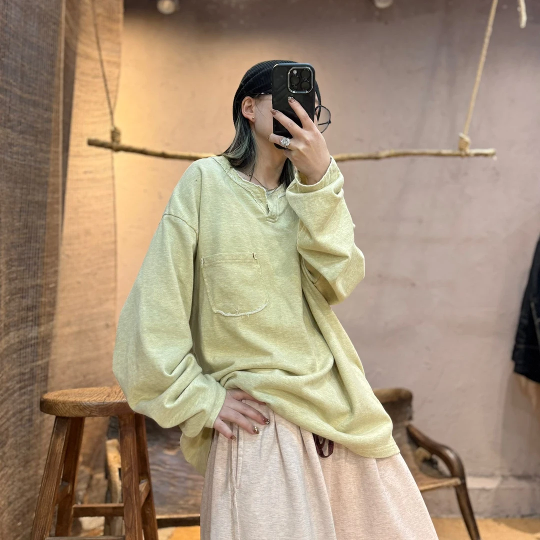 241019忆古朴拙早春纯棉复古做旧卫衣百搭宽松简约休闲长袖上衣