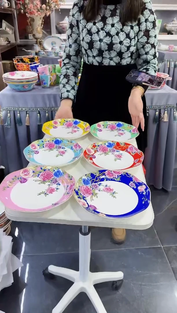 珐琅 8英寸花口圆深盘6个景德镇陶瓷