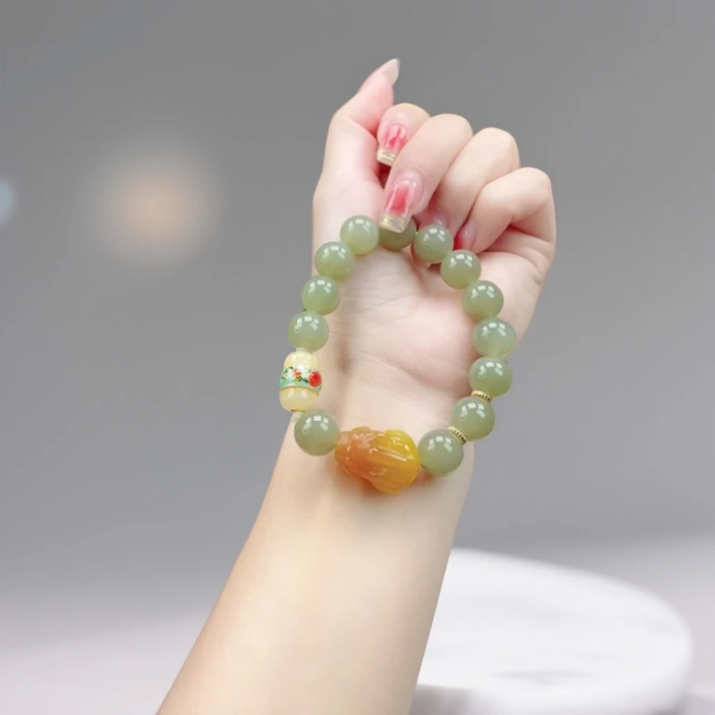 【春姐珠宝】天然晴水和田玉手串12mm搭配蜜蜡路路通 大貔貅