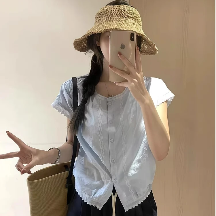 法式棉质提花镂空小飞袖衬衫女夏季超好看小个子圆领百搭短款上衣