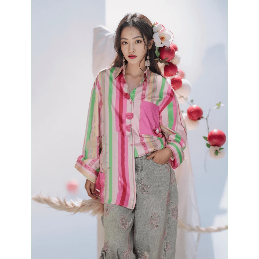 【贡彩】25年春季新款设计感印花时尚彩色条纹撞色长袖衬衫.T40319a