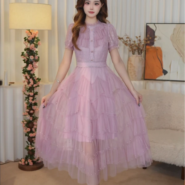 2025年春季法式优雅刺绣透视网纱长袖收腰显瘦蛋糕蓬蓬连衣裙1590