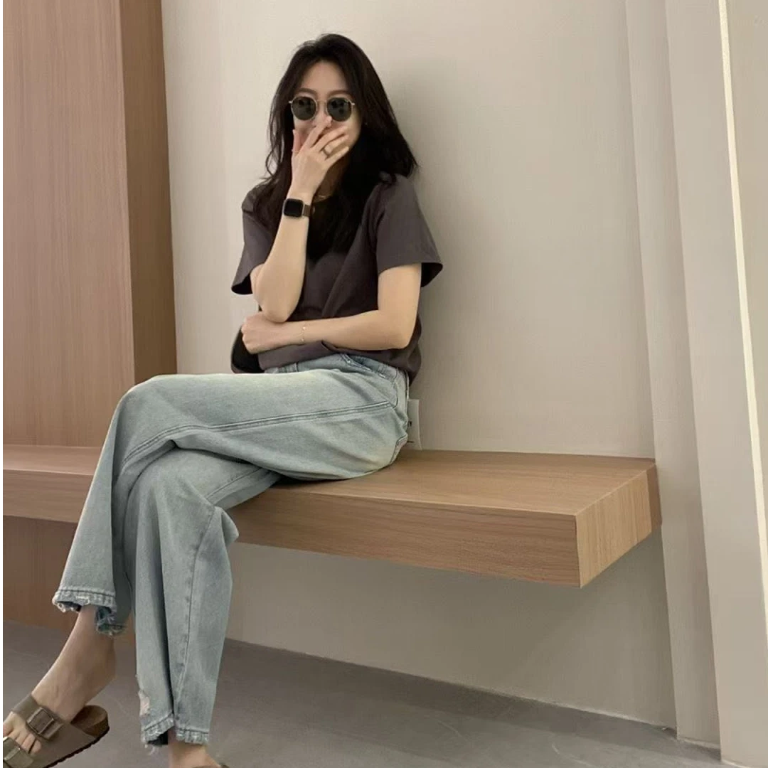 洋气衣服时尚简约短袖T恤上衣小众气质百搭修身显瘦牛仔裤套装女