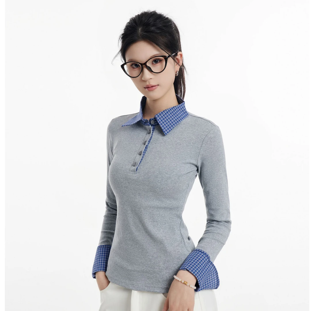 HSNH【280g赛罗棉假两件T恤】美式辣妹秋款休闲显瘦修身长袖打底衫