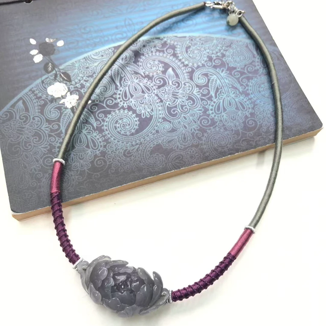 和田玉烟紫花形925银设计项链  12