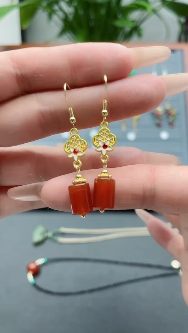 【闪购商品】南红玛瑙耳饰银S925镀金镶嵌039红