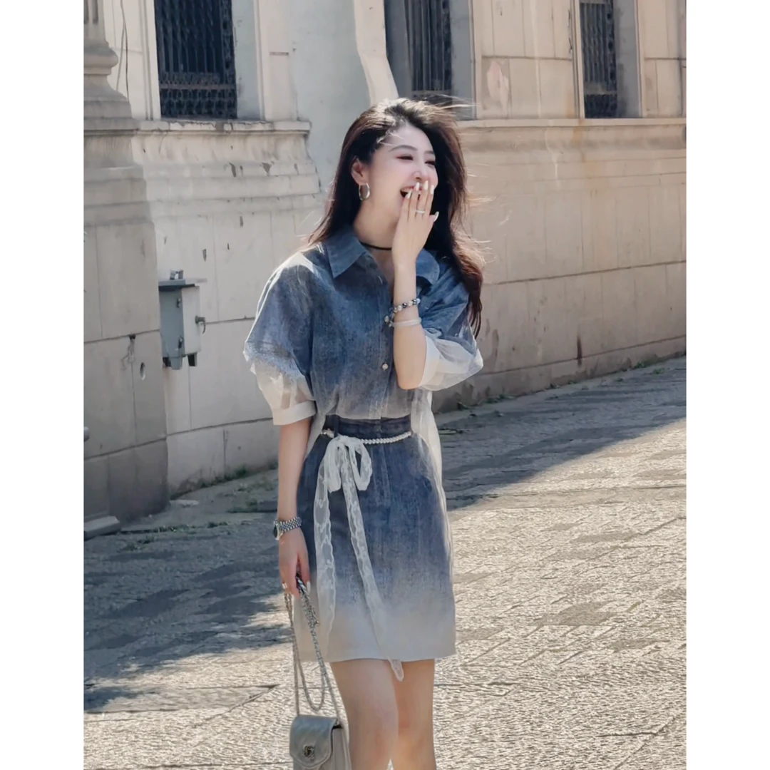 【南萱】【蓝风铃】夏季设计款渐变时尚显瘦收腰连衣裙5XLDD9619