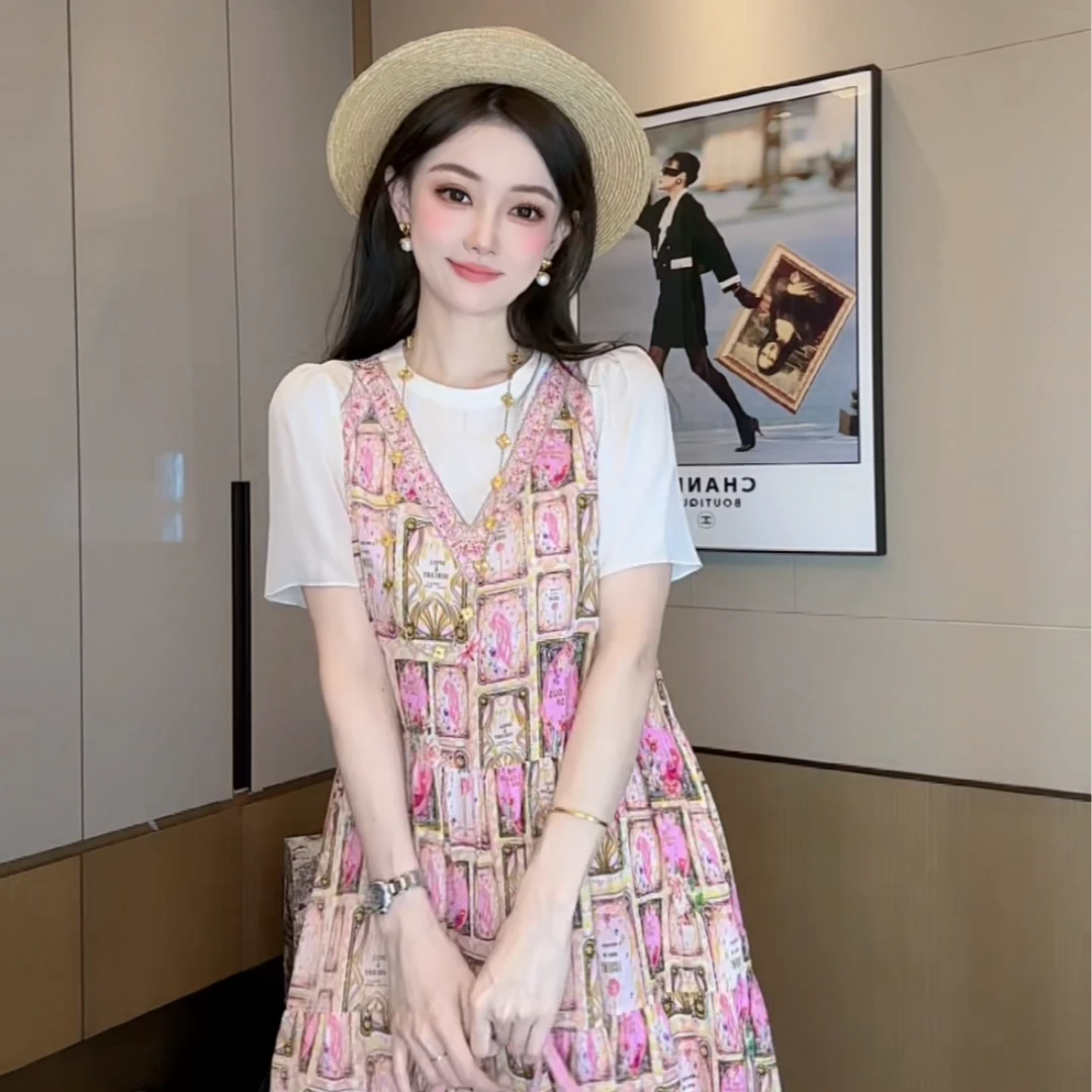 【丝芙玉禄】（S245）真丝双绉桑蚕丝气质拼色宽松中长款女装连衣裙