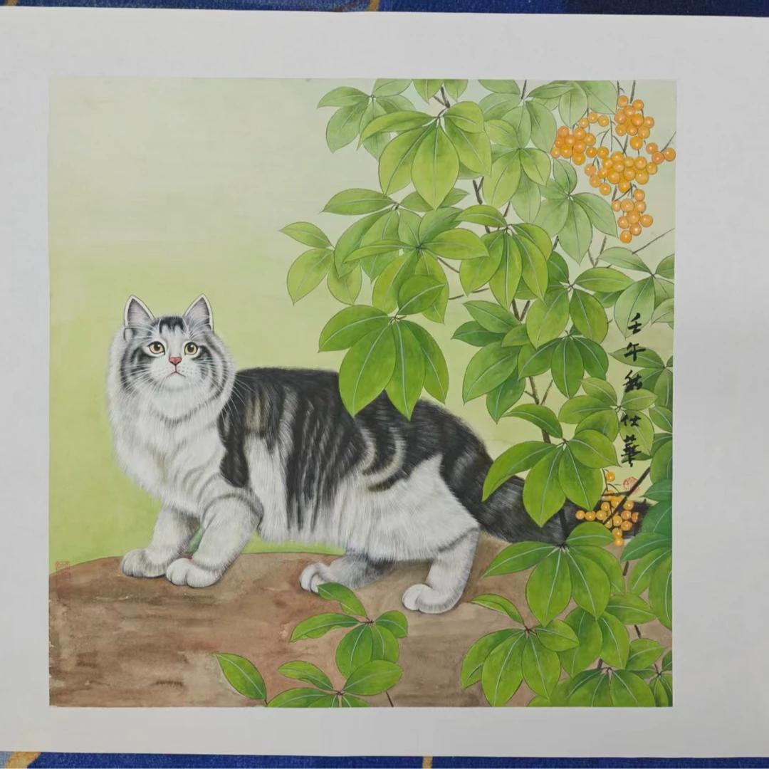 刘仕华手绘斗方宣纸-猫