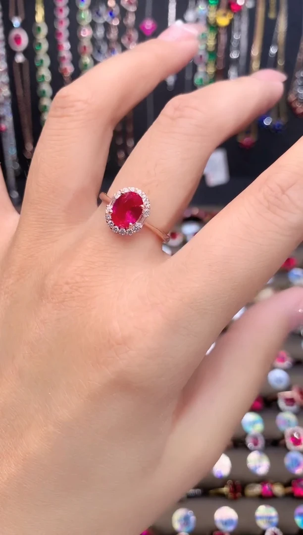 红宝石戒指银S925镶嵌玫瑰金