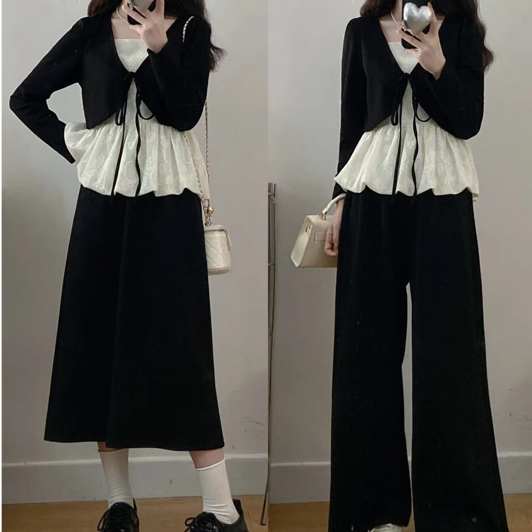 大码新品气质温柔风蕾丝拼接绑带上衣+高腰遮肉半身裙两件套套装