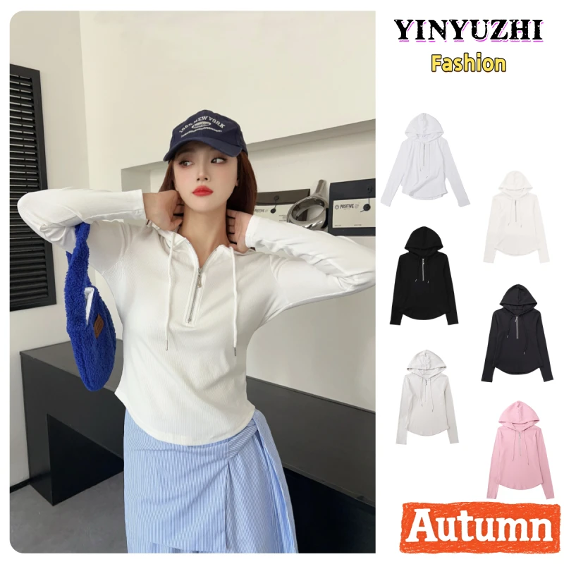 YINYUZHI/吟雨枝【九九专属】初秋拉链正肩连帽打底衫薄款卫衣显瘦