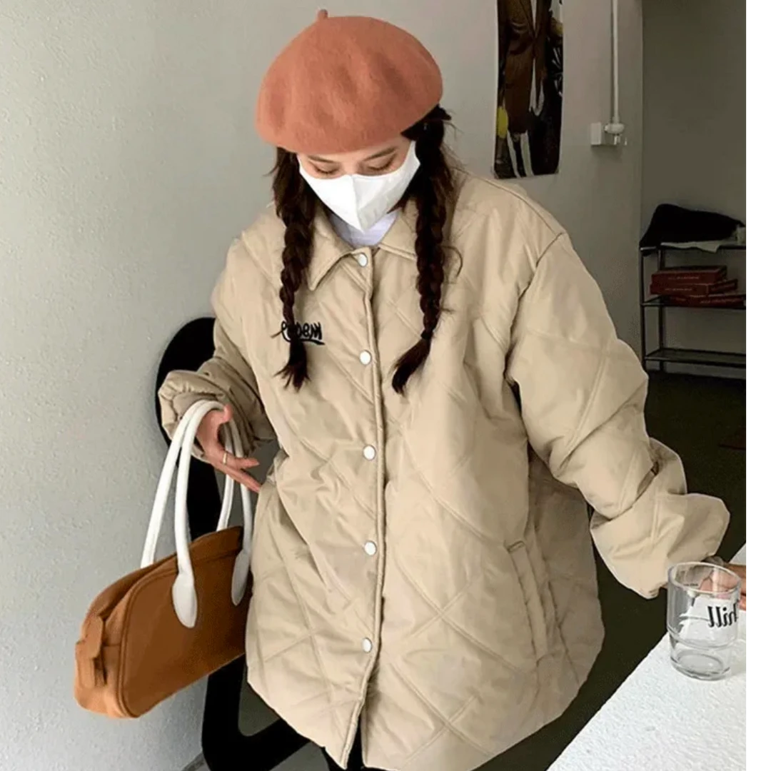 菱格刺绣百搭棒球棉服外套小众原创美式oversize国潮卡其色棉衣冬