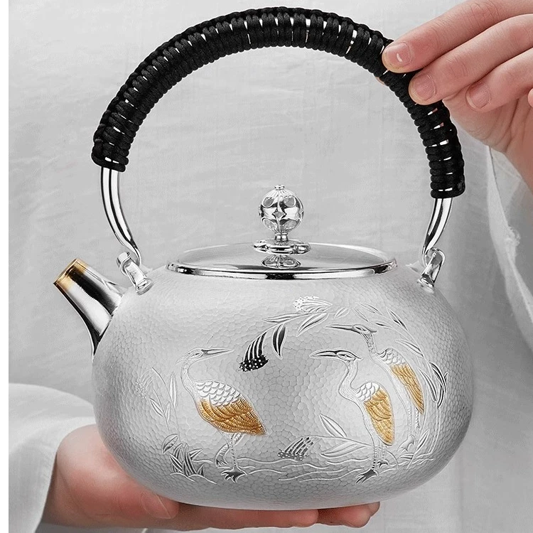 银壶999纯银烧水壶手工镀金仙鹤提梁壶足银煮茶壶泡茶壶功夫茶具