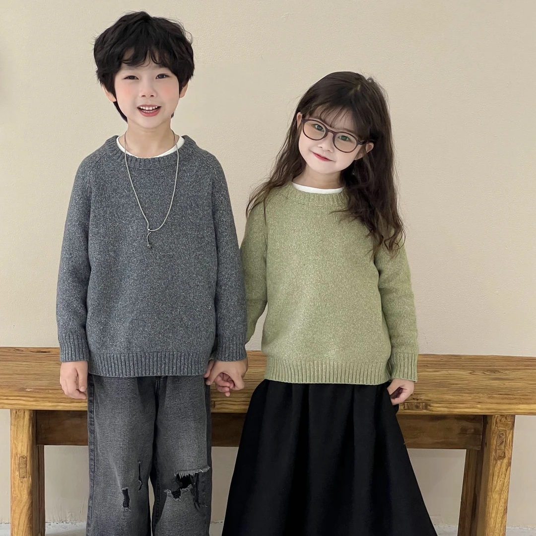 儿童秋冬季毛衣套头针织新款打底衫男女童宝宝百搭圆领纯色针织衫