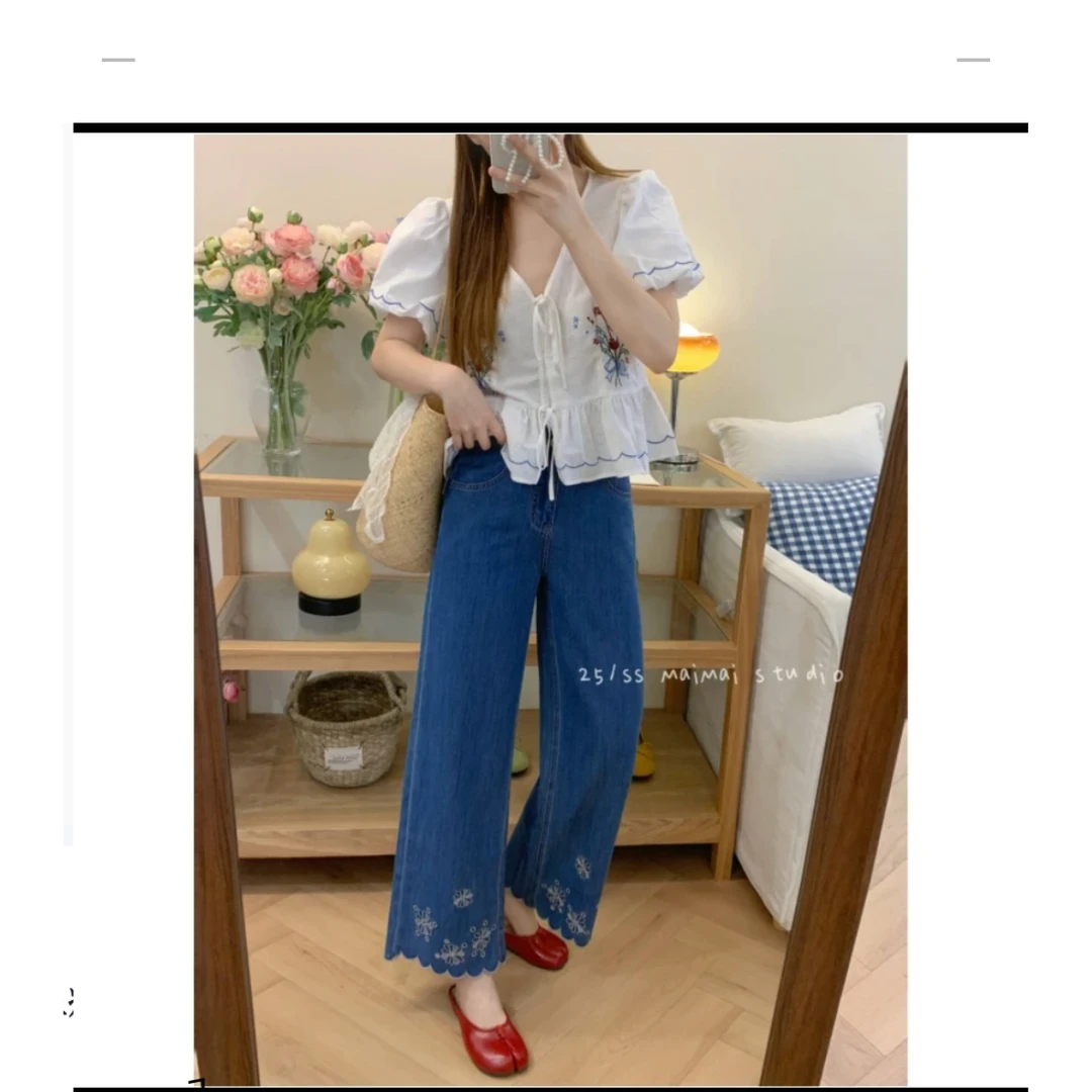 夏季新款超薄重工刺绣凉凉裤~小个子梨型身材遮胯显瘦直筒裤