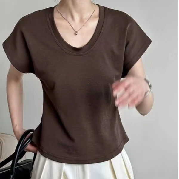 基础款U领落肩短袖T恤2025女夏小飞袖慵懒风咖色半袖