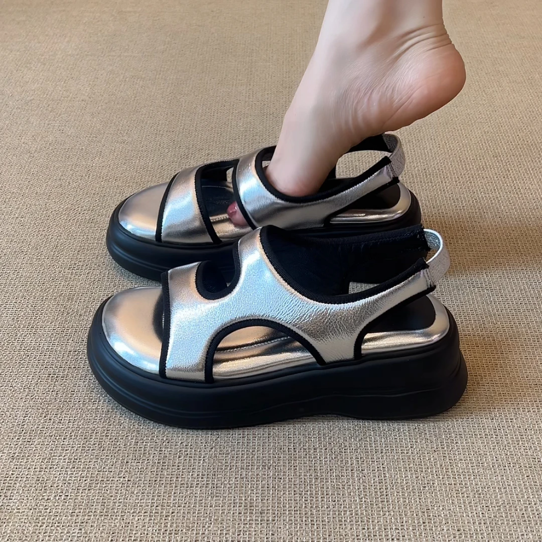 RubyL/5cm2025年夏季简约拼色坡跟松紧带舒适踩屎感百搭露趾凉鞋