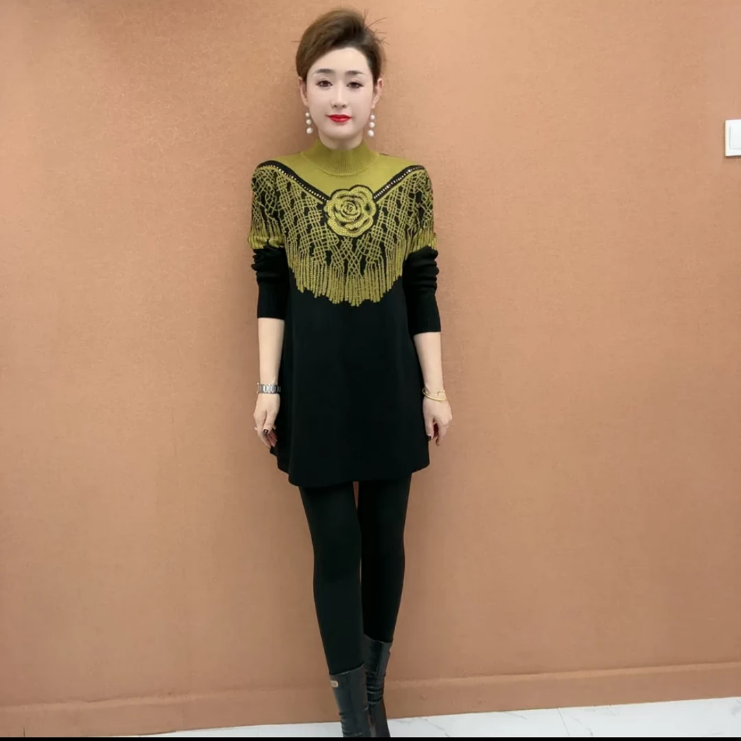气质小个子妈妈装秋冬大版针织衫中长款烫钻打底裙宽松遮肉毛衣裙