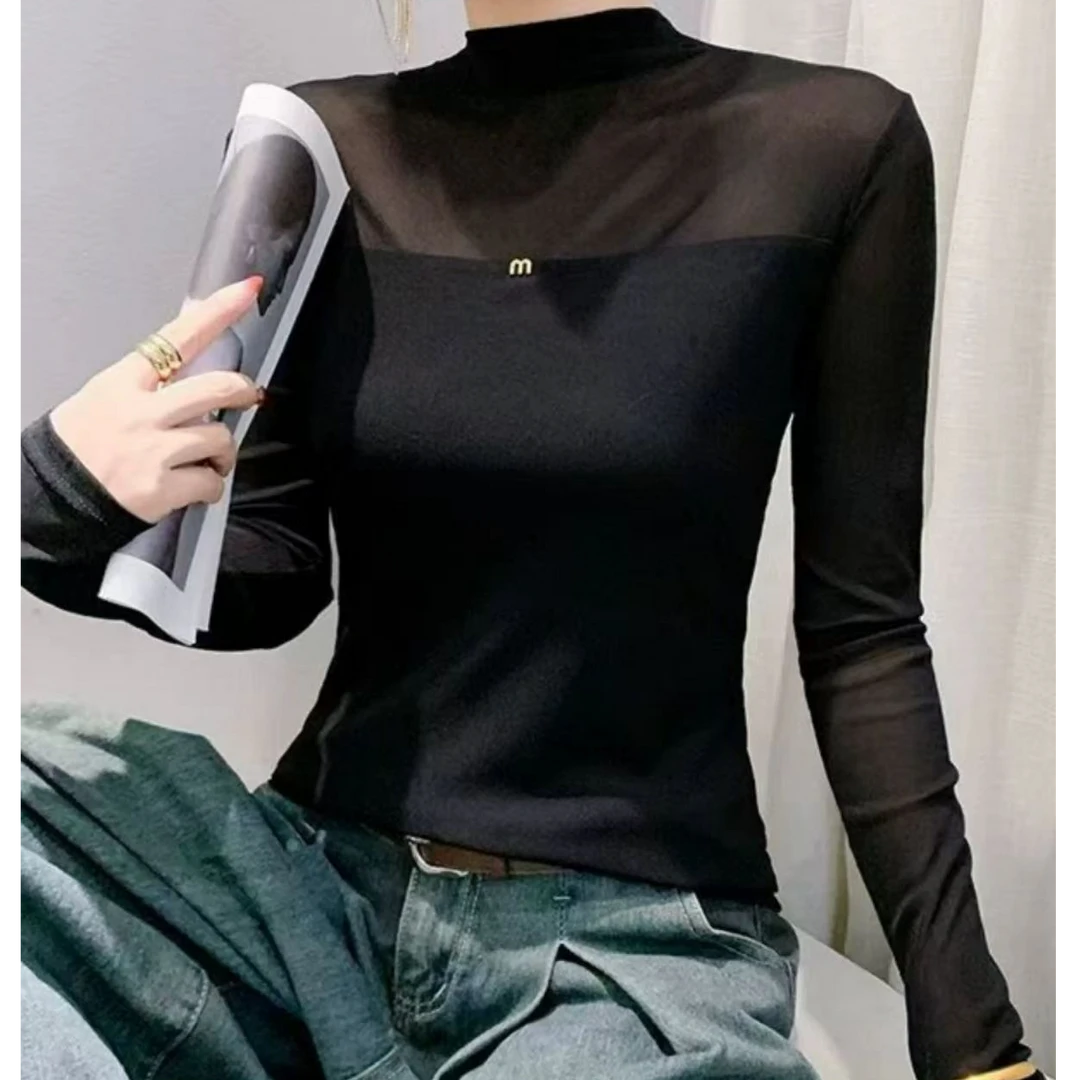 （衣长约59）春季新款时尚气质百搭双层加绒网纱半高领打底衫8325